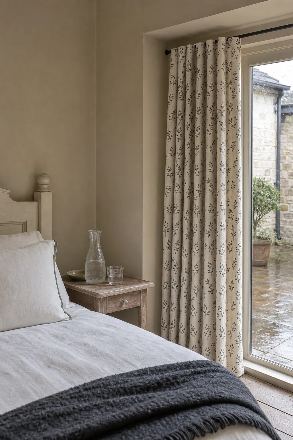 Small botanical print curtains adding pattern to a beige bedroom