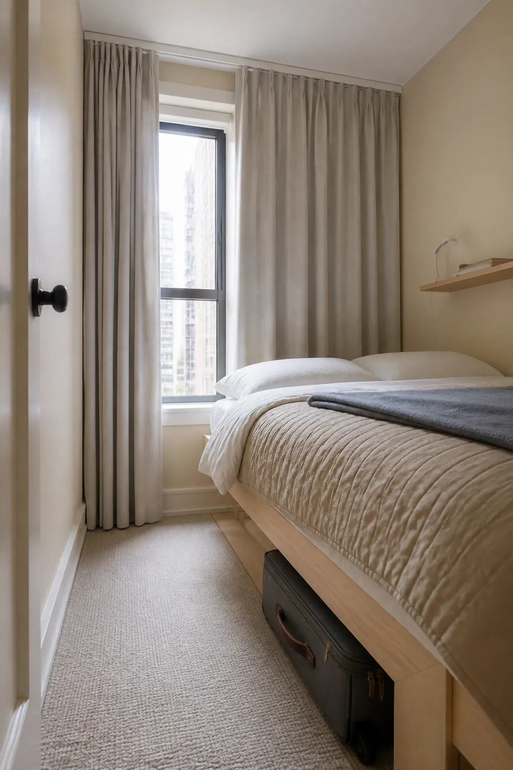 Ceiling-height curtains making a small beige bedroom appear taller