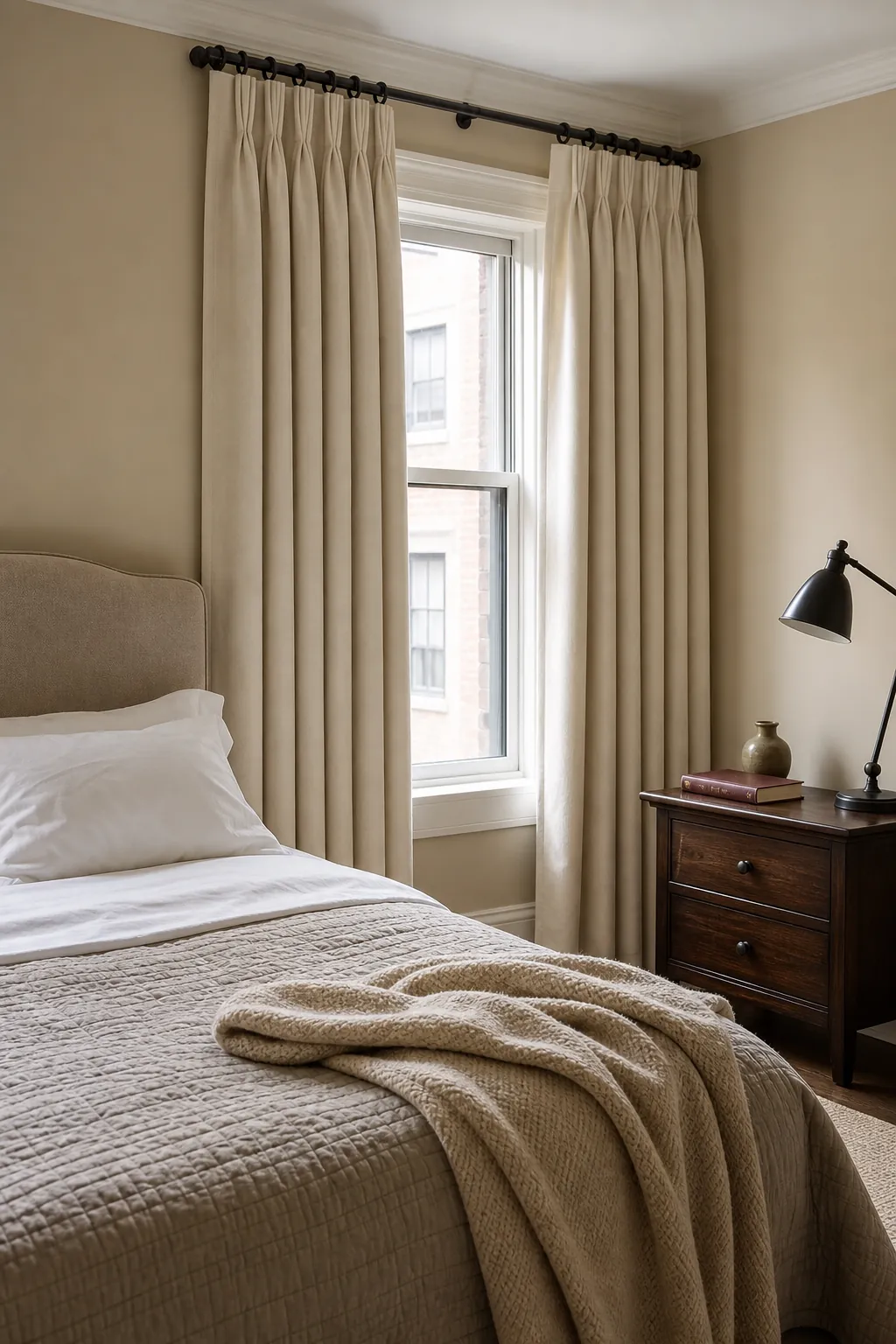 Tailored pinch-pleat curtains with neatly layered beige bedroom bedding
