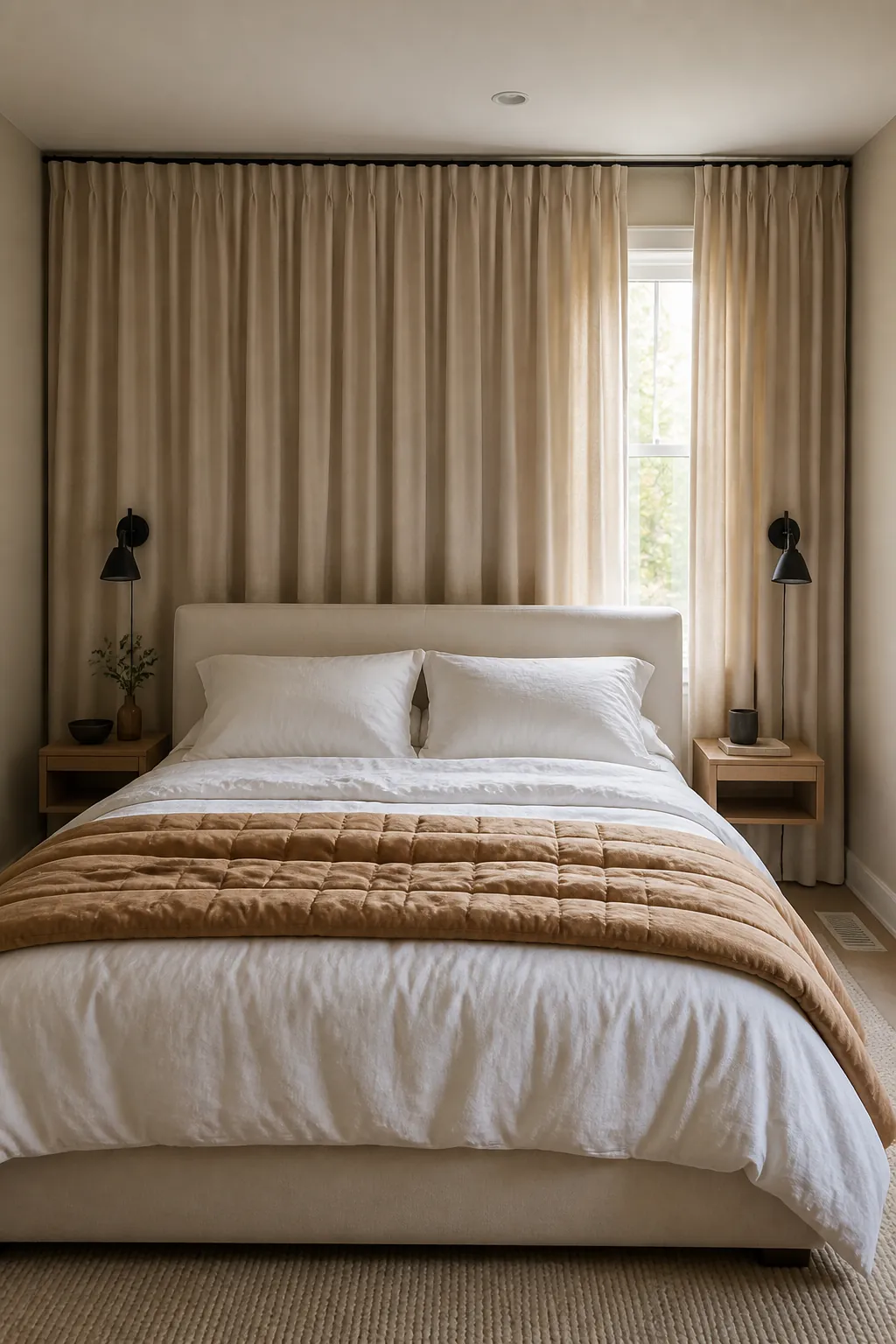 Wall-to-wall curtain backdrop behind soft bedding in a beige bedroom