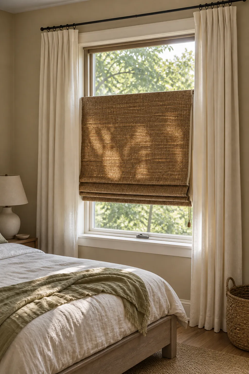 Natural woven bedroom shade with ivory side curtains and beige walls