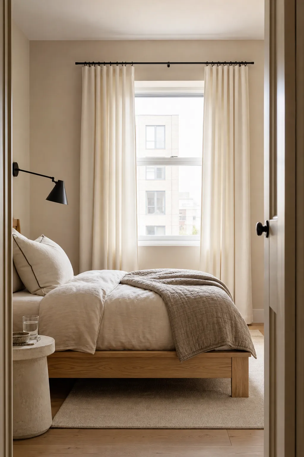 Pale bedroom curtains on a slim black rod against beige walls