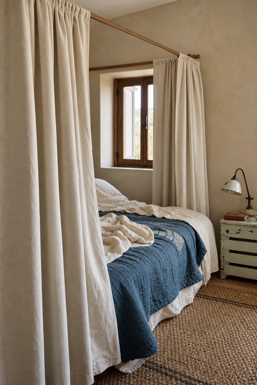 Relaxed cotton curtains with rumpled soft bedding and beige walls