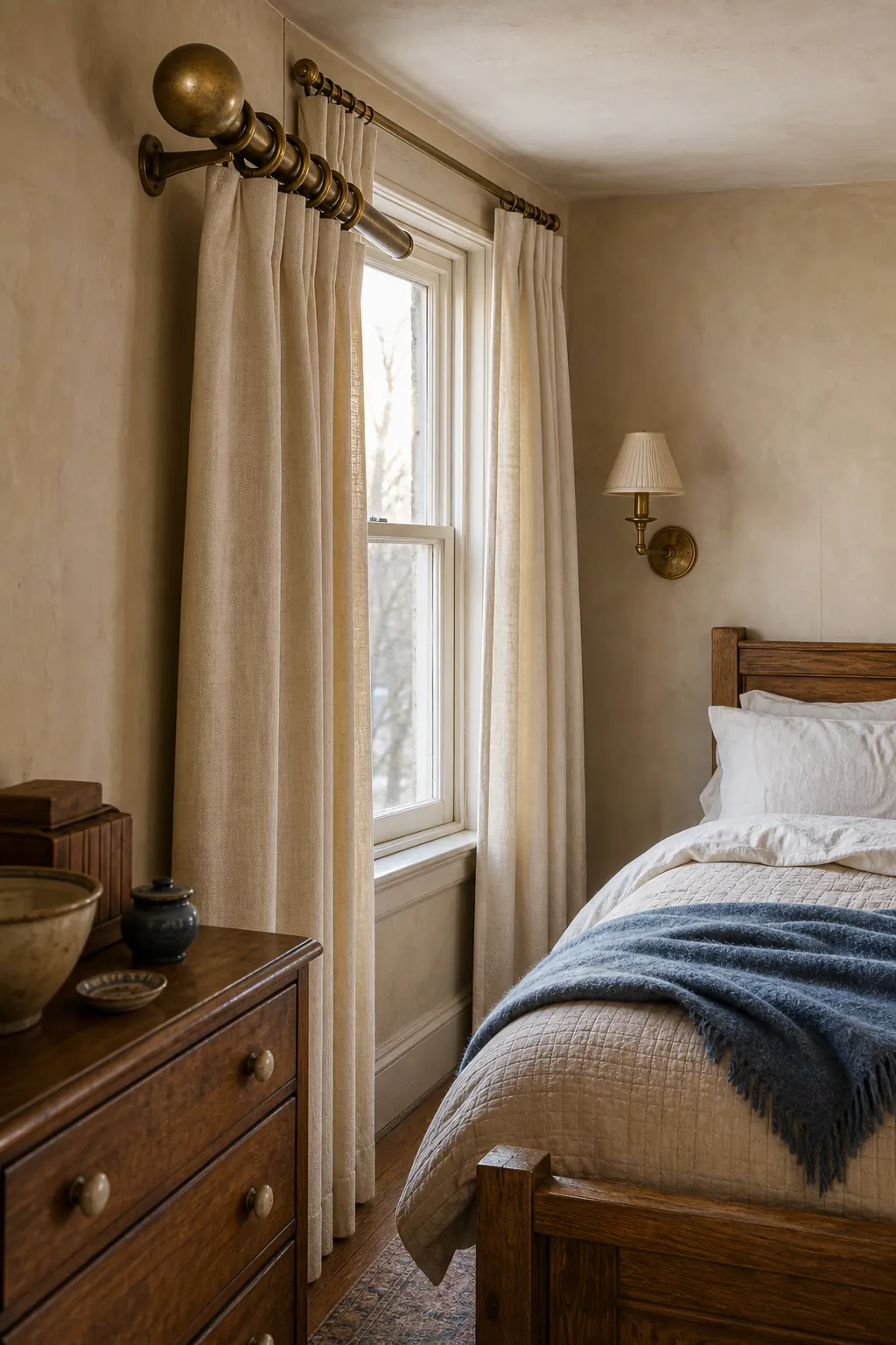 Cream bedroom drapes hung from antique brass hardware with beige walls