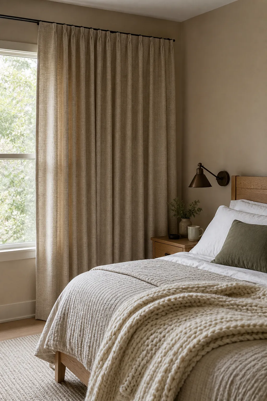 Textured beige curtains matched to beige walls beside layered soft bedding