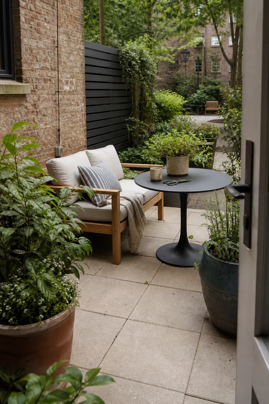 Inviting small patio with space-smart seating, plants, and warm lighting