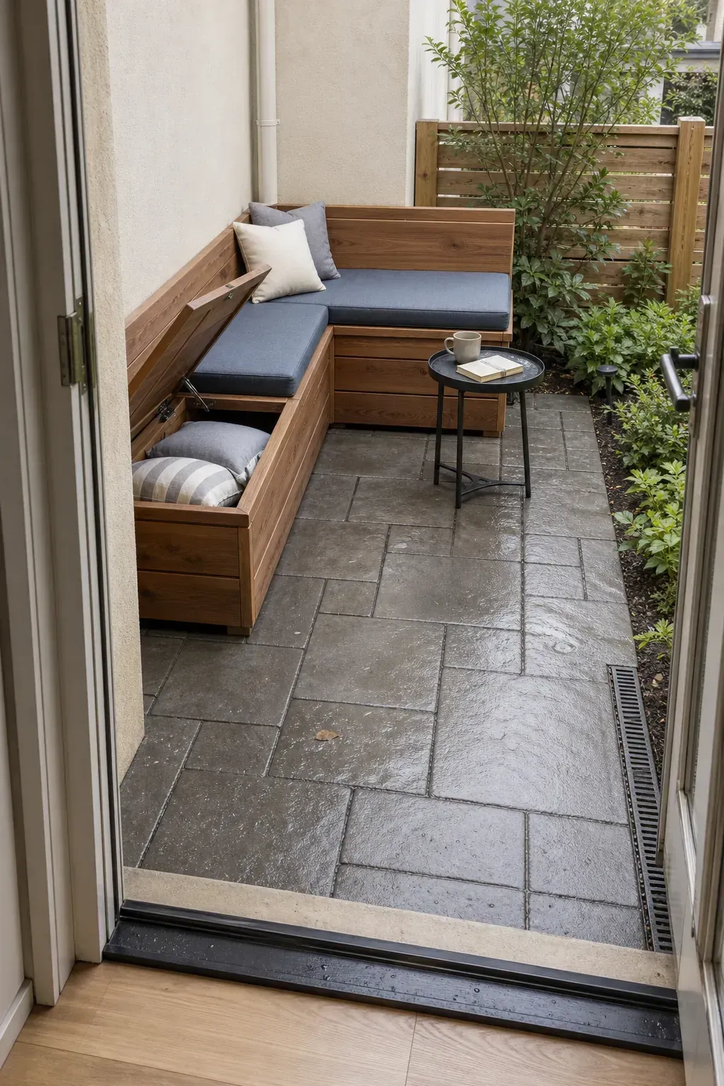 Compact small patio with an L-shaped storage bench in one corner