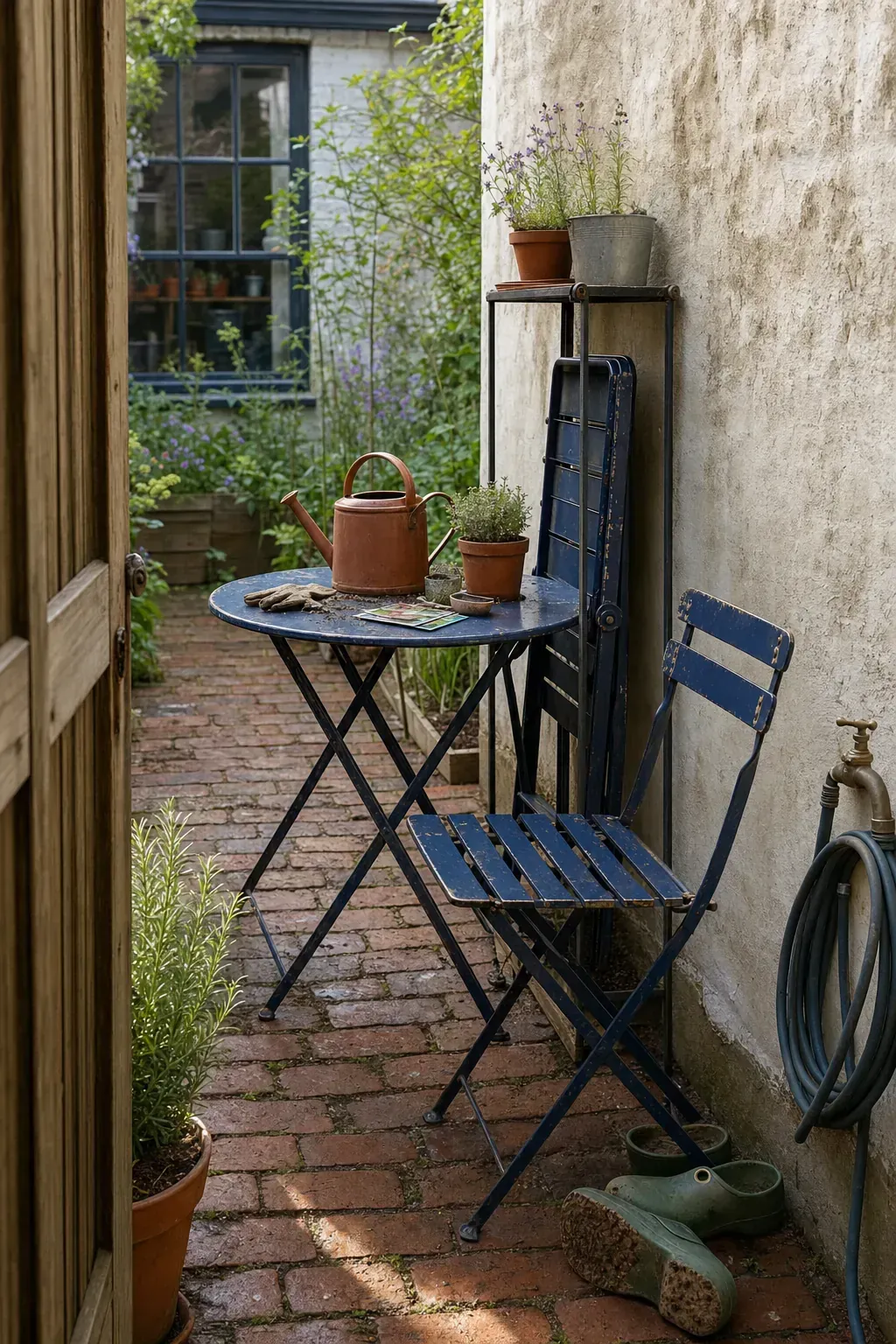 Foldable bistro furniture arranged on a compact brick patio