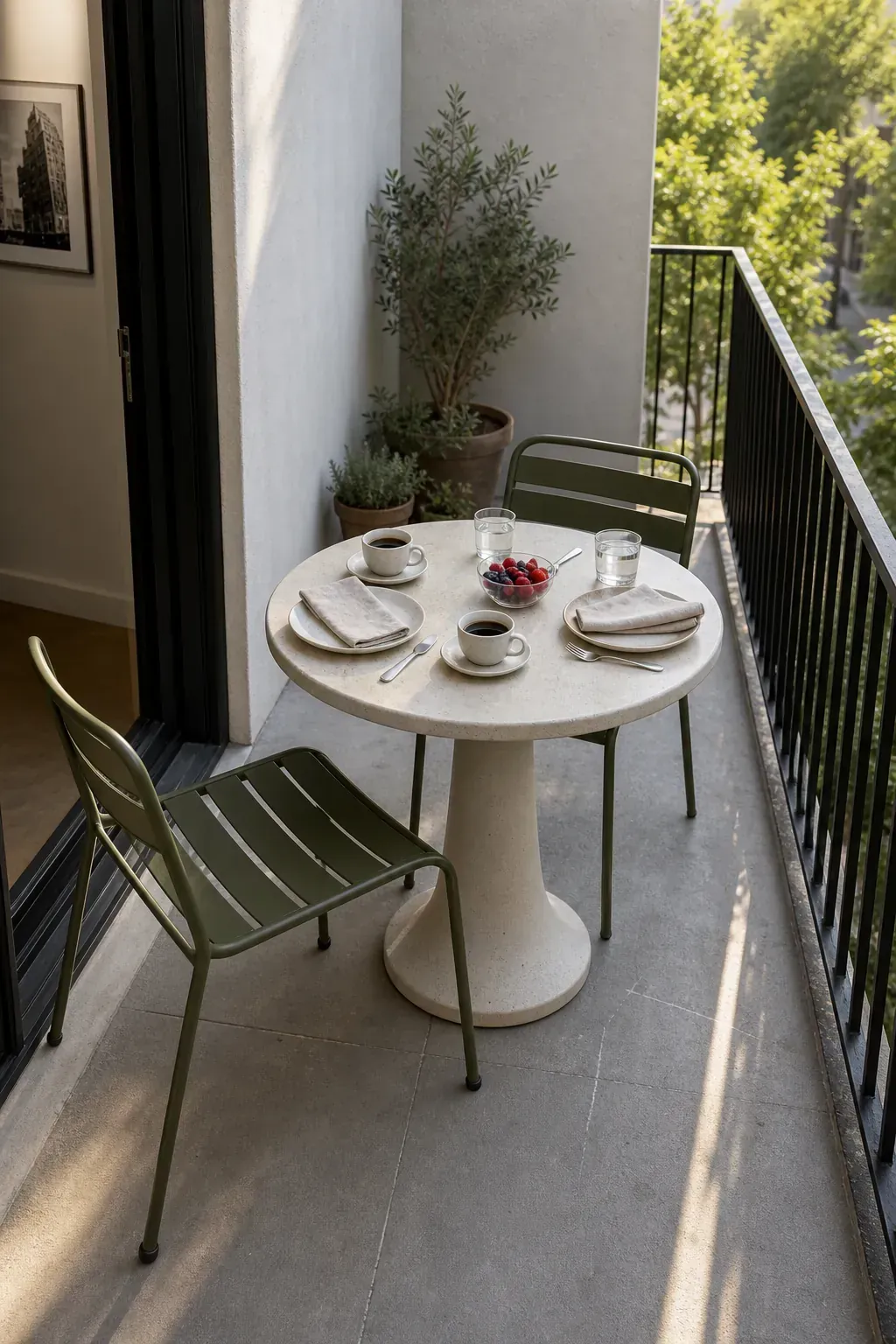 Round pedestal bistro table creating clear legroom on a small patio