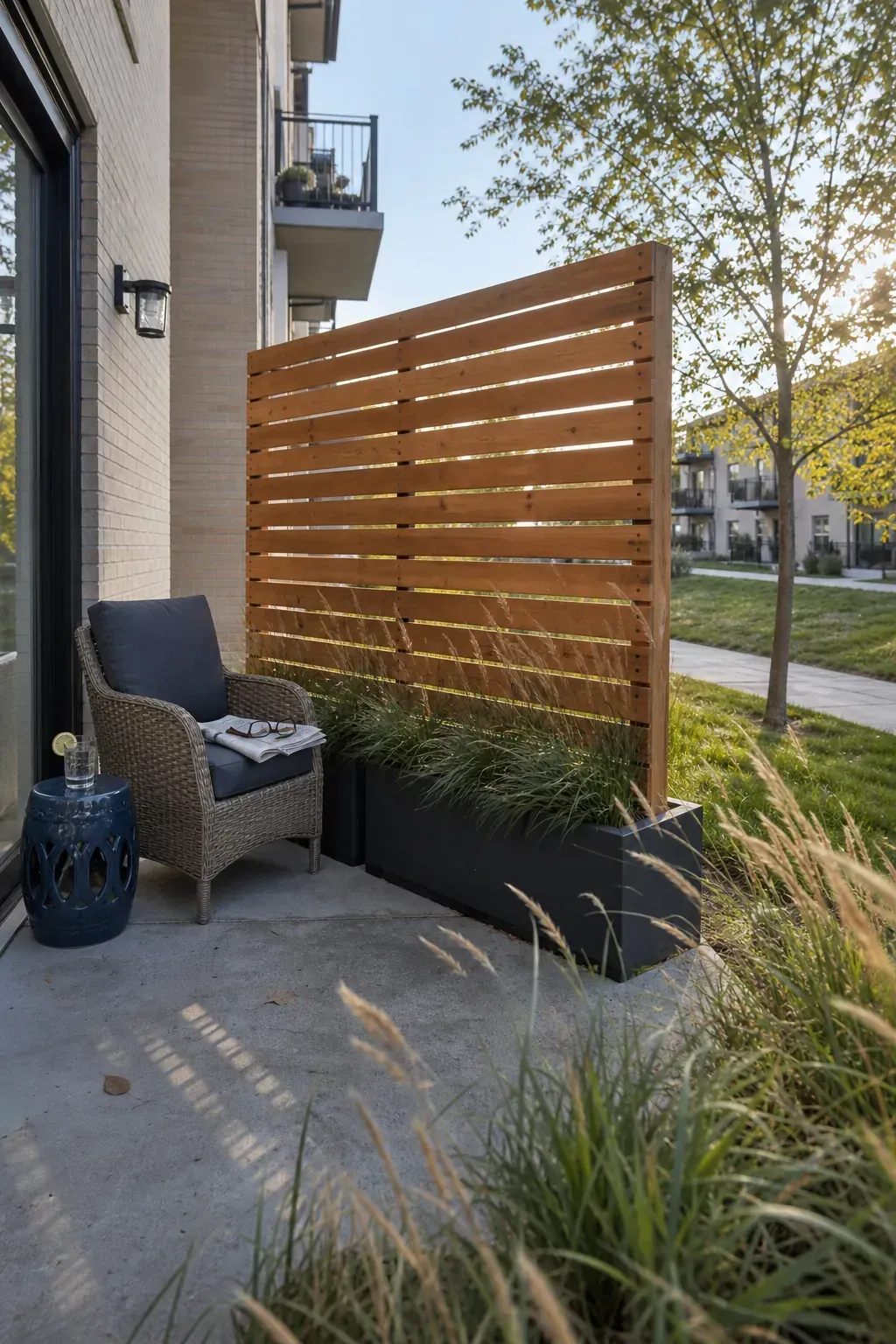 Freestanding slatted privacy screen protecting one side of a small patio