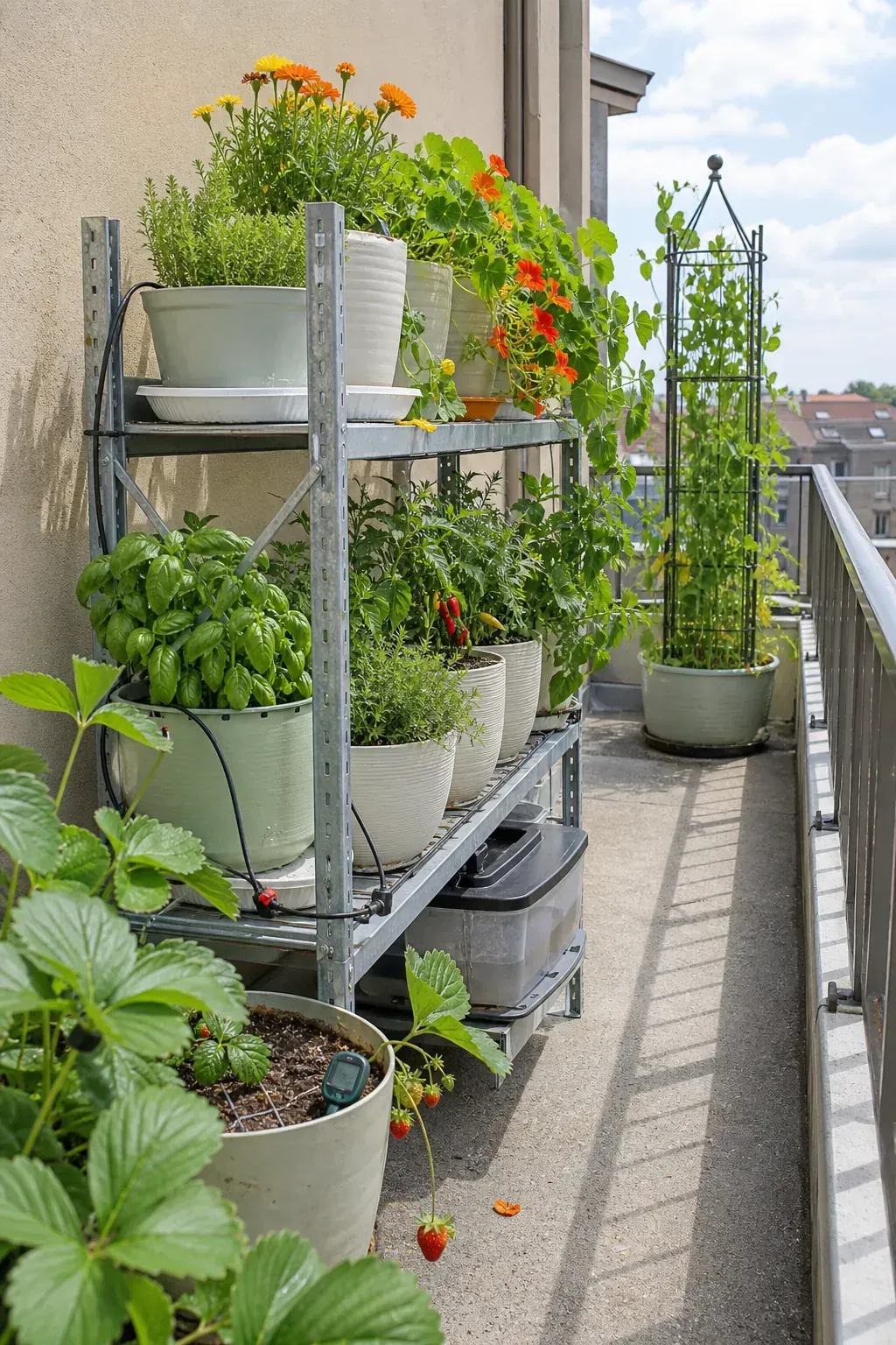 Vertical tiered container garden on a narrow sunny patio