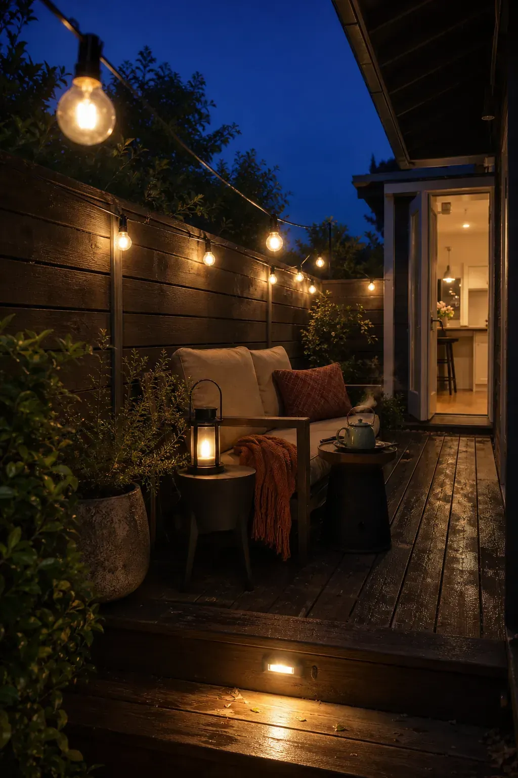Warm perimeter lights and rechargeable lanterns on a small evening patio