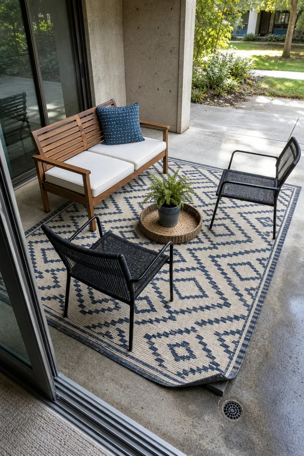 Flatwoven outdoor rug defining a cozy seating zone on a concrete patio