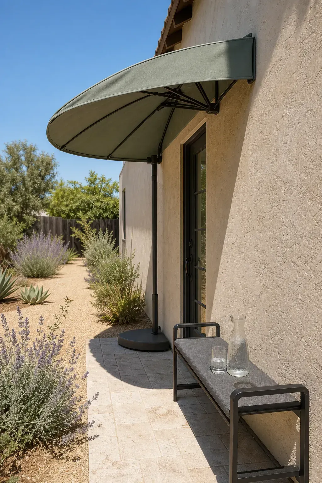 Space-saving half umbrella shading a narrow wall-side patio