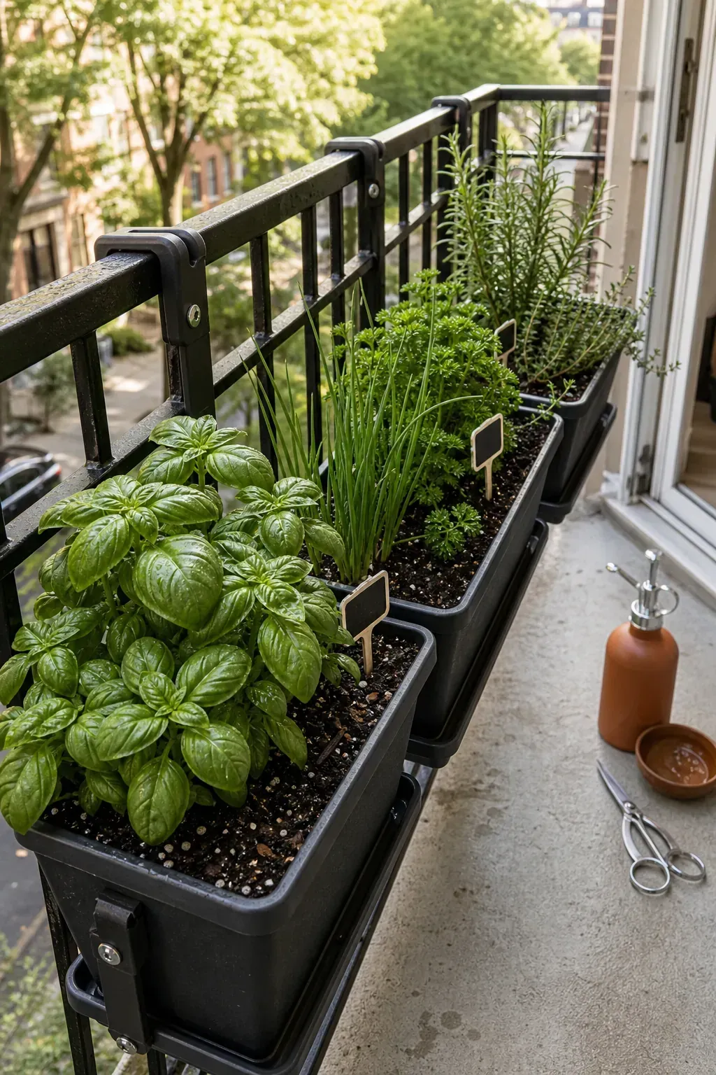 Slim railing planters filled with kitchen herbs on a compact patio