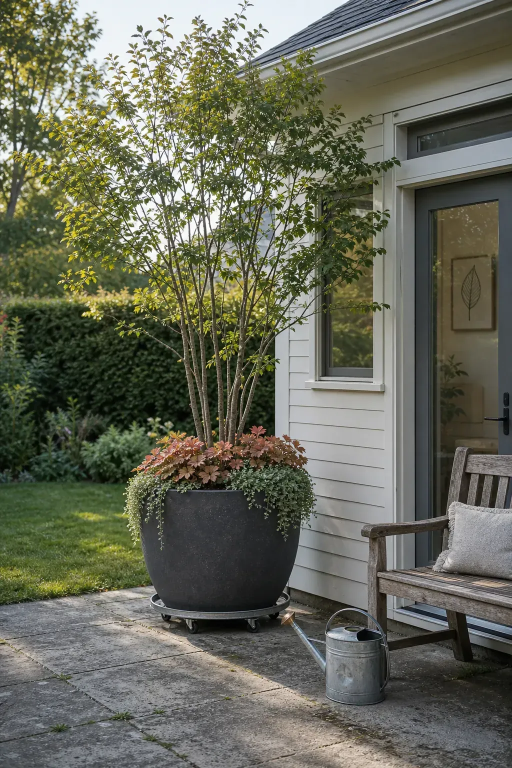 Large statement planter anchoring a simple small patio arrangement