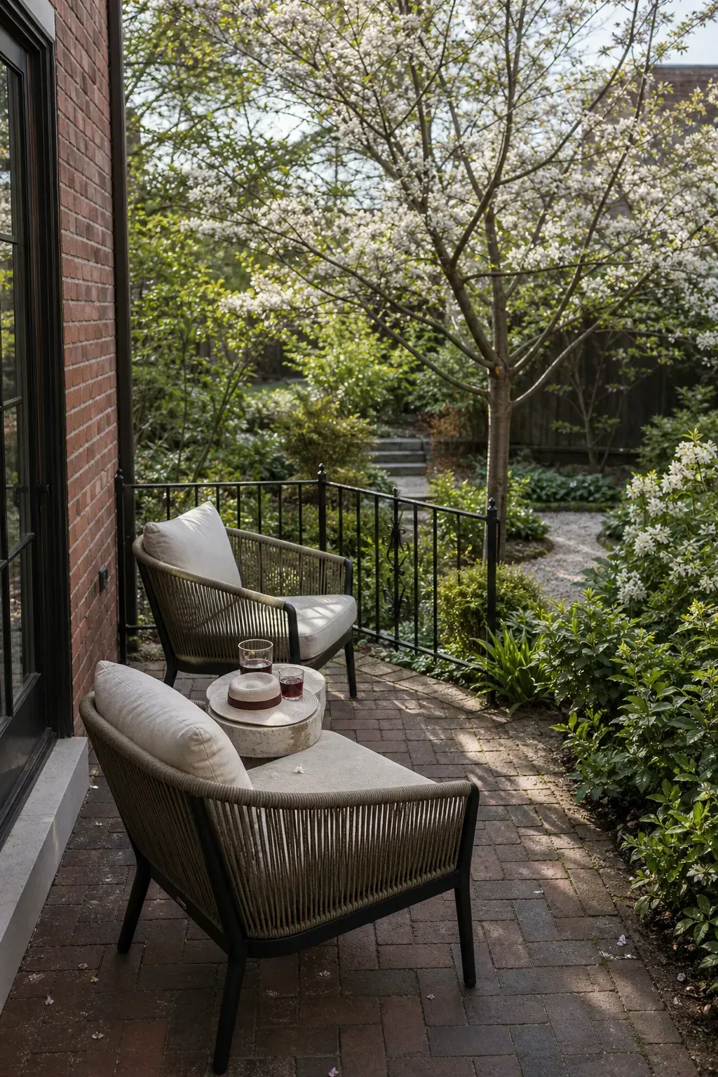 Two compact patio chairs angled toward a leafy garden view