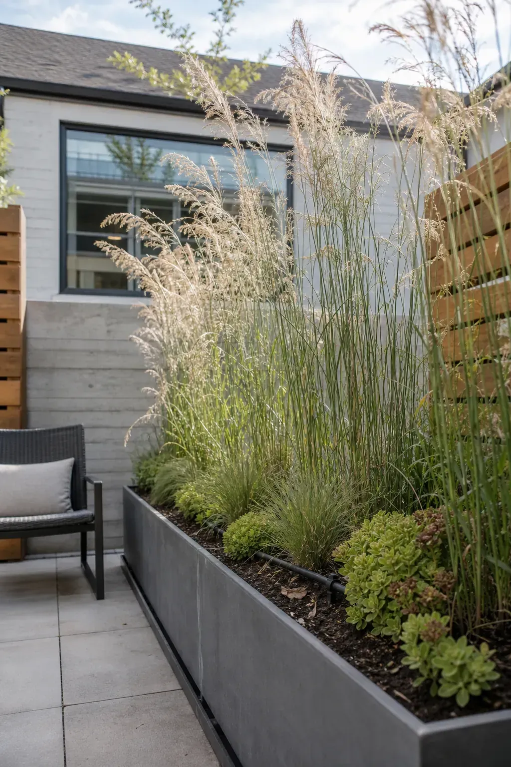 Long narrow planter with tall grasses forming a patio privacy screen