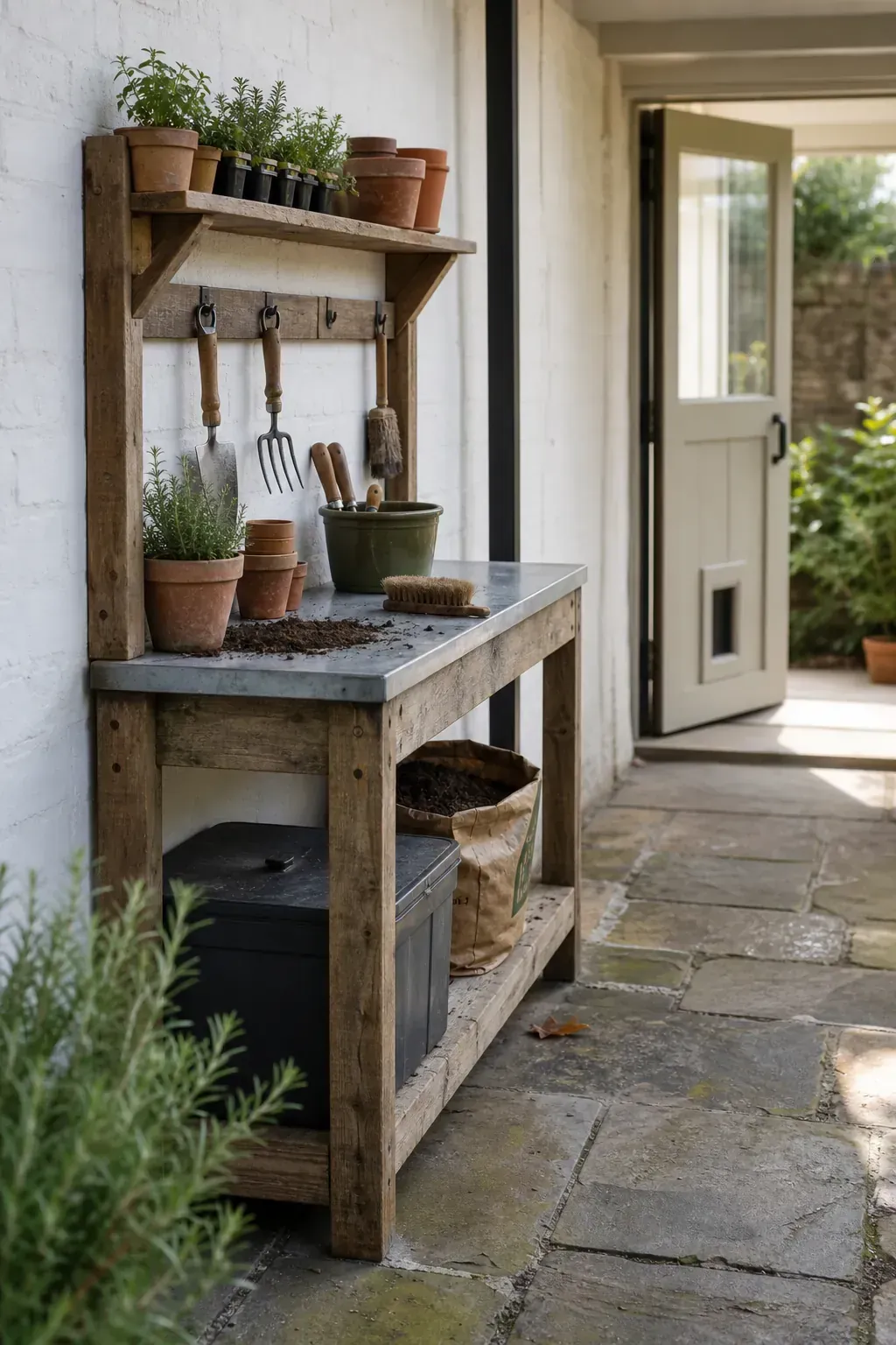 Narrow weathered potting console organized against a patio wall