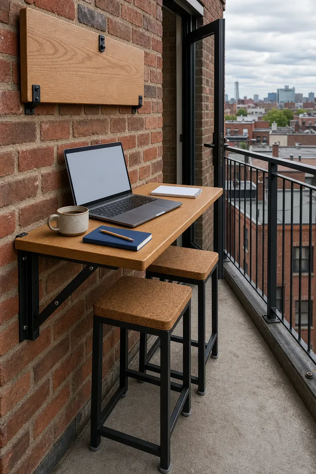 Wall-mounted drop-leaf bar folded open on a tiny patio