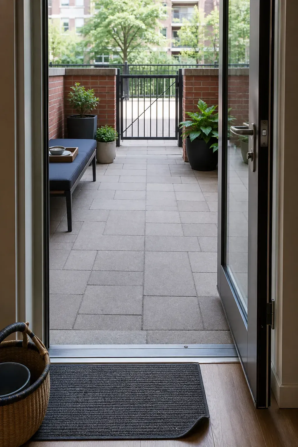 Small patio layout preserving a clear path beside the exterior door