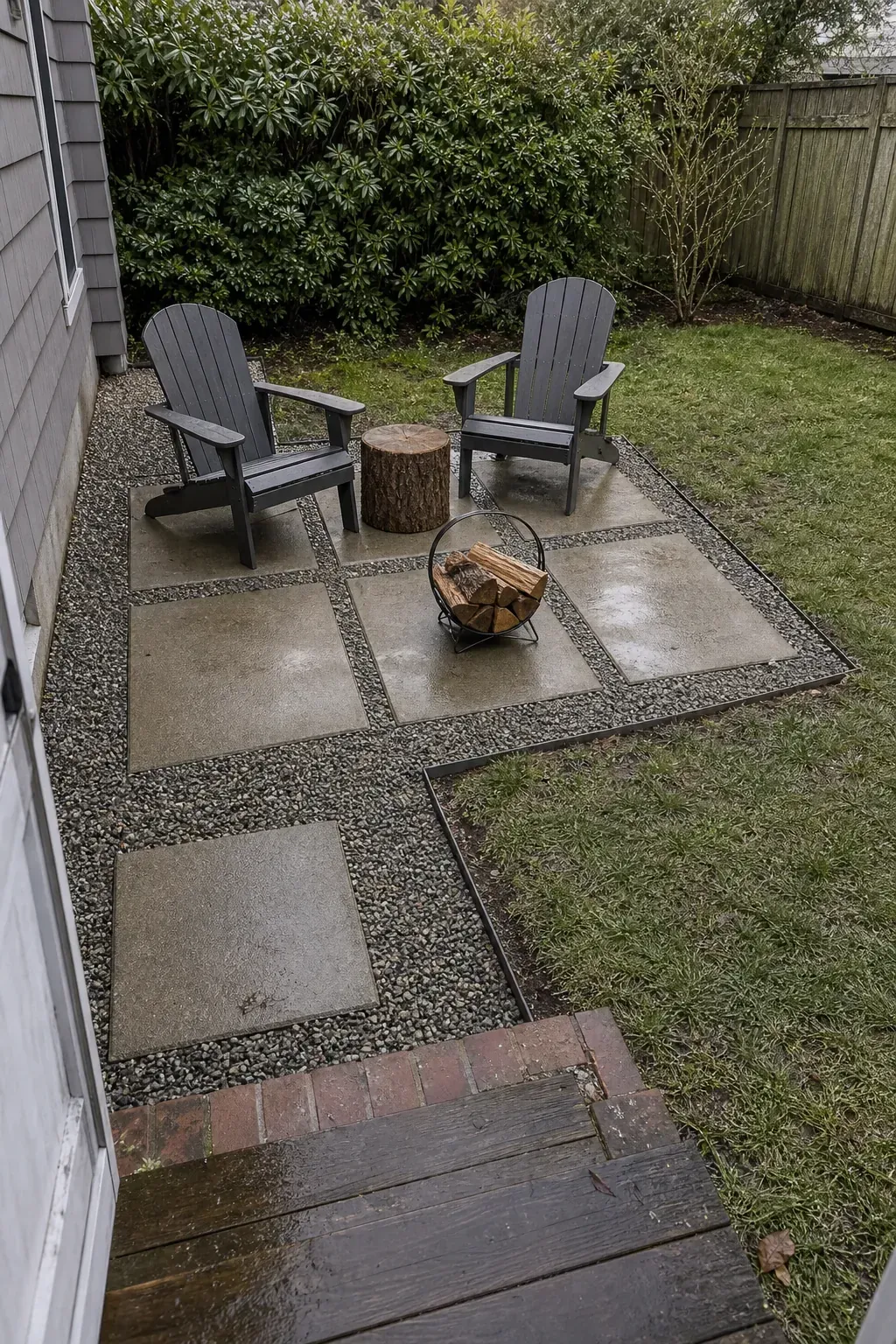 Small backyard patio design made with gravel and large pavers