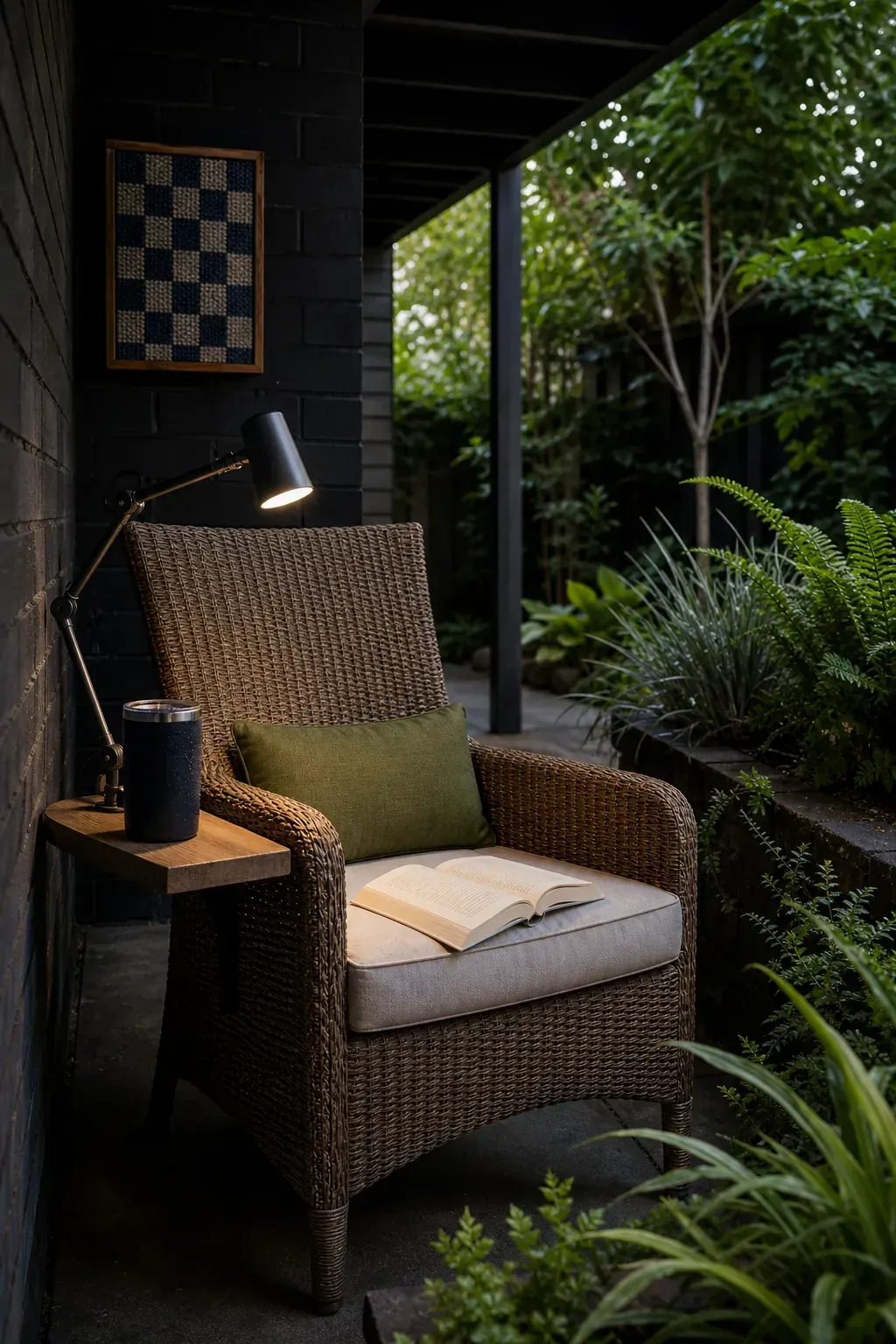 Single comfortable reading chair arranged in a leafy small patio nook