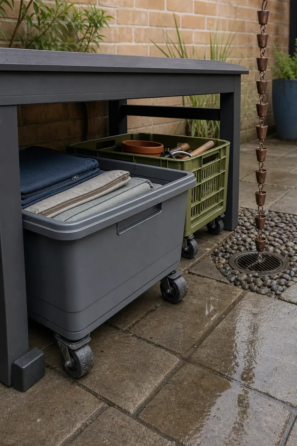 Weatherproof rolling storage bins tucked beneath a compact patio bench