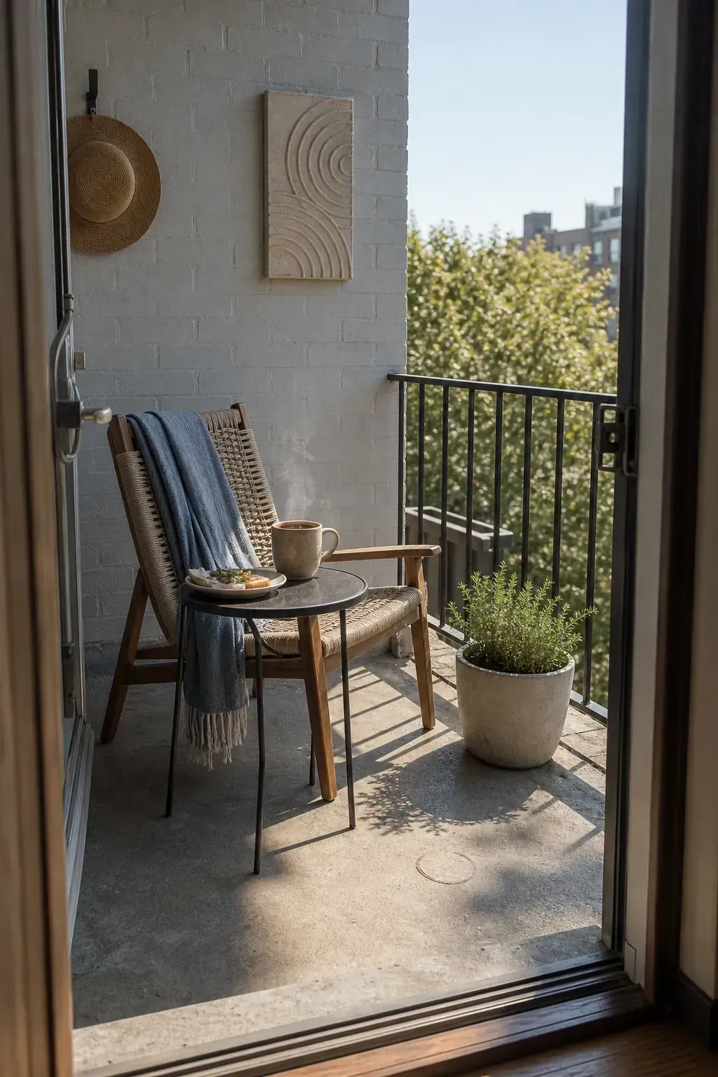 Simple small patio arranged for a relaxed morning coffee ritual