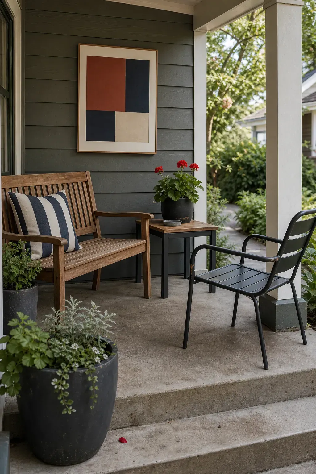 Cohesive small patio using repeated wood and charcoal metal finishes