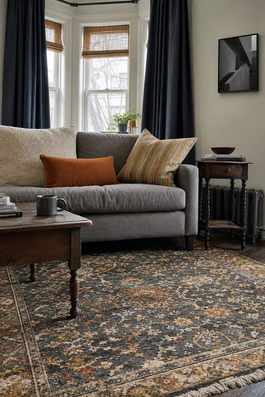 Patterned rug balanced by solid curtains and varied throw pillows