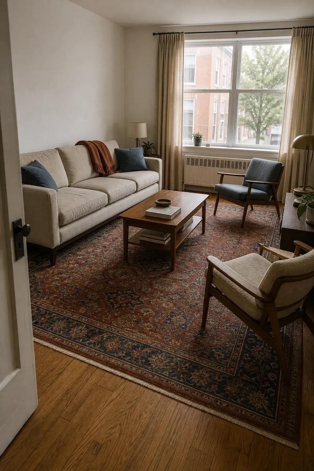 Large area rug establishing the boundaries for layered living room decor