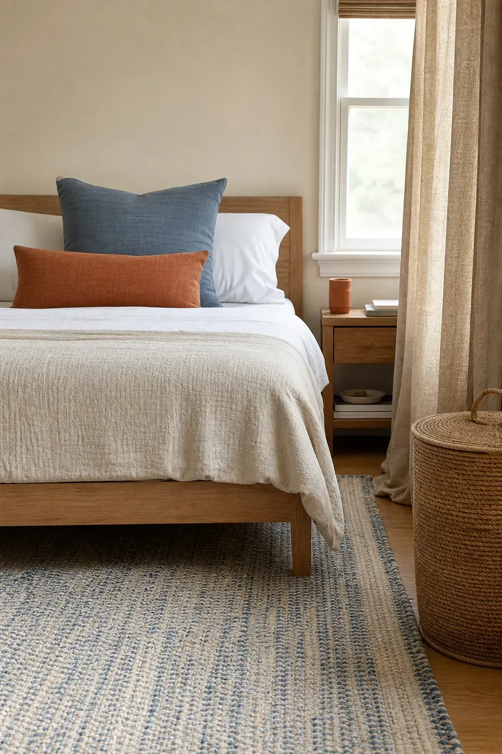 Rug pillows and curtains linked by a three-color room palette