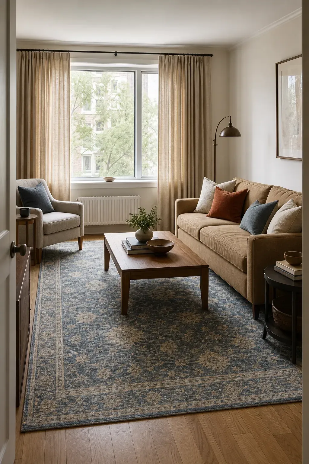 Layered rugs pillows and curtains creating a cohesive living room