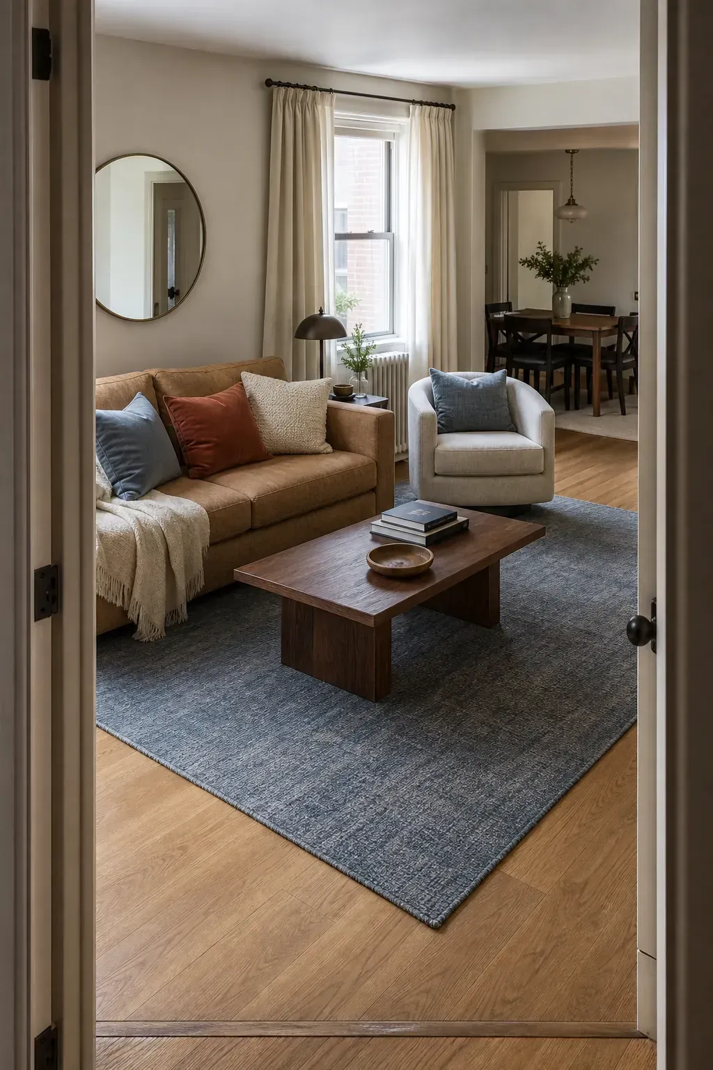 Cohesive layered room reviewed from the doorway with rug pillows and curtains