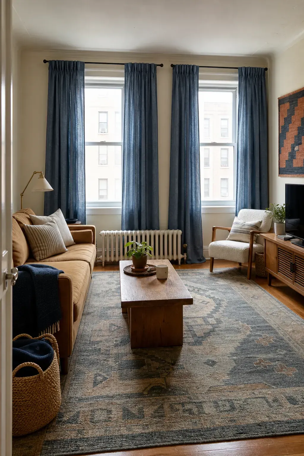Full-length curtains visually balancing a substantial area rug