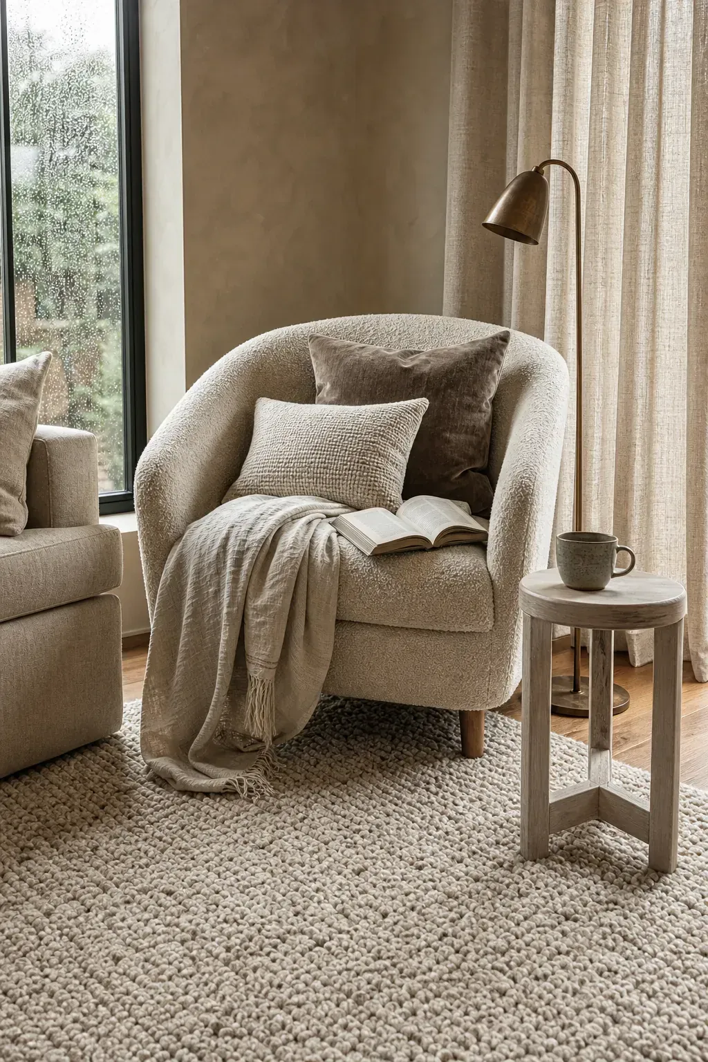 Linen curtains wool rug and velvet pillows creating texture contrast