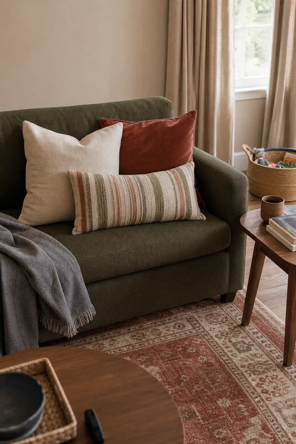 Throw pillows bridging colors between an area rug and curtains