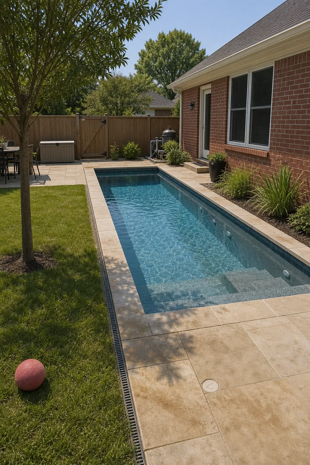 Compact inground pool with practical deck and garden space