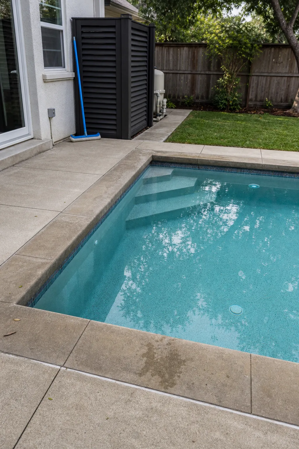 Corner Steps That Save Swim Space for a compact backyard