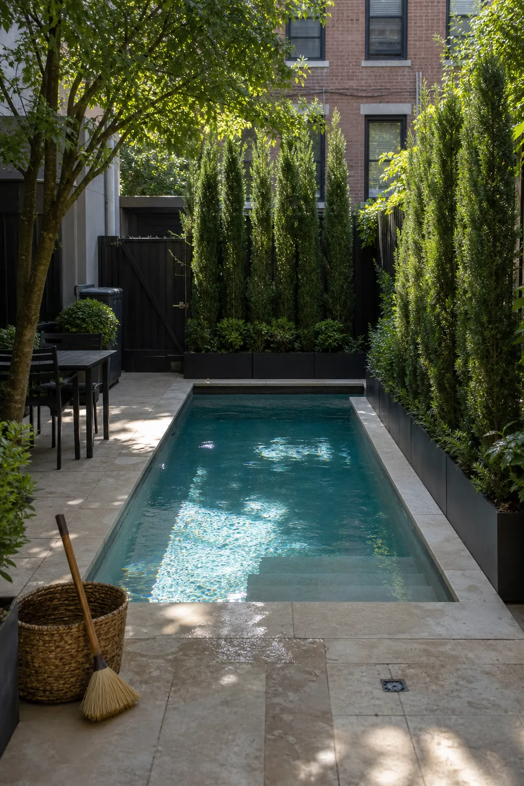 A Pool with Vertical Privacy Planting for a compact backyard
