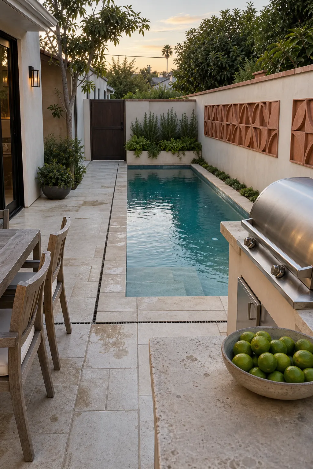 A Pool Beside an Outdoor Kitchen for a compact backyard
