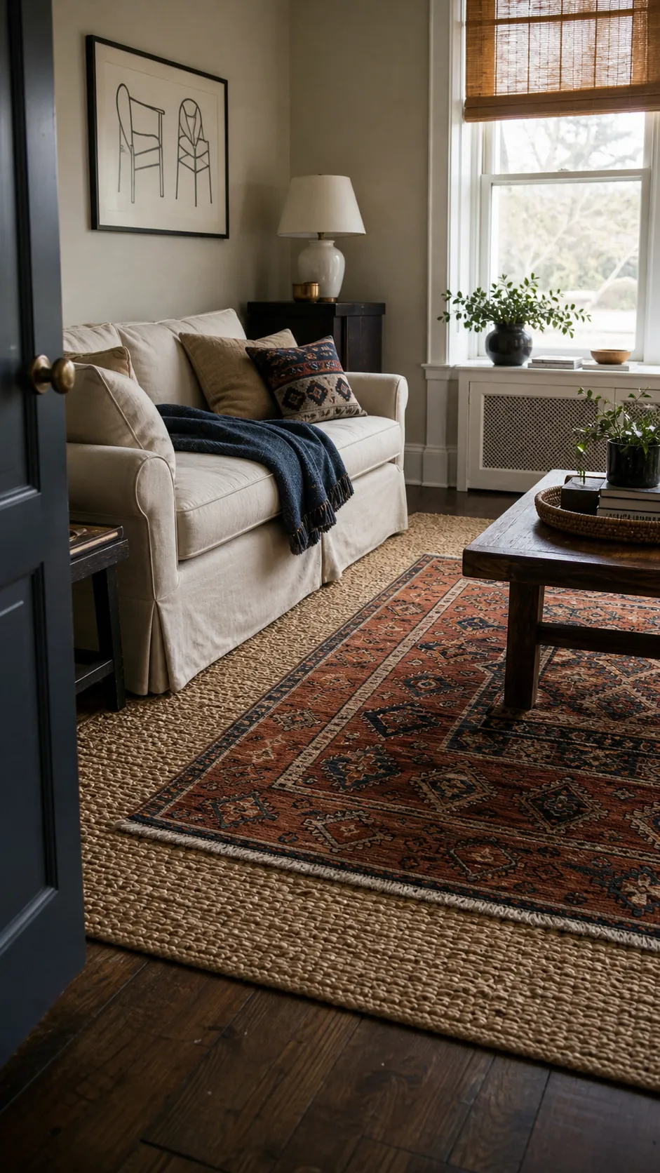 Small patterned rug layered over a larger neutral rug