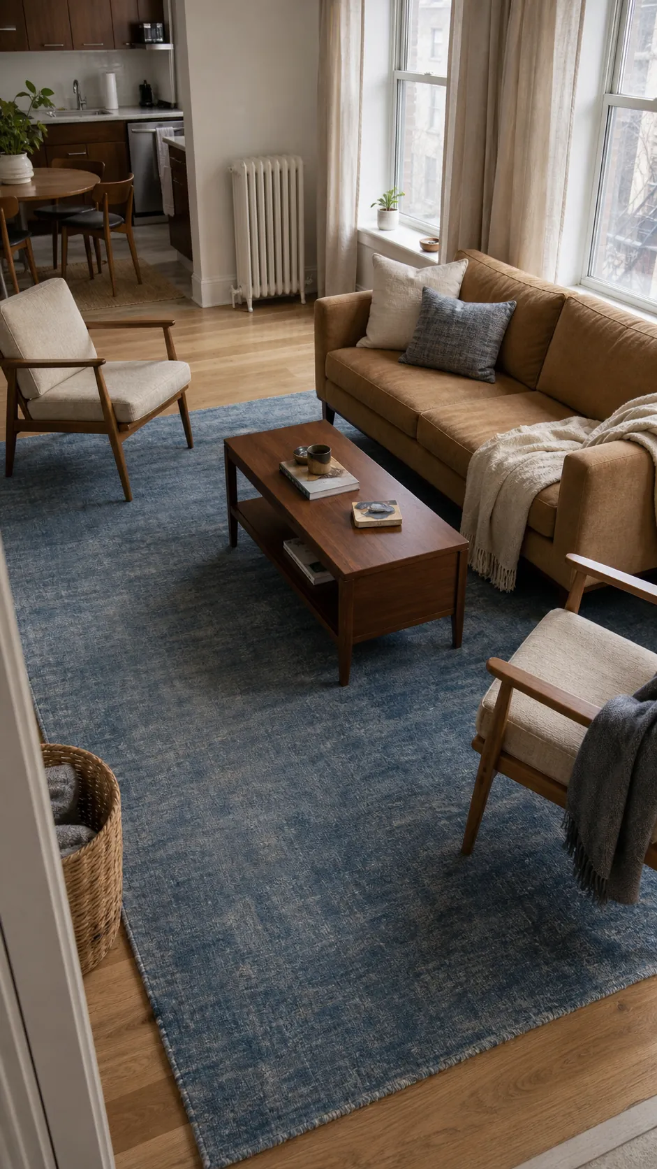Correctly scaled area rug connecting living room furniture