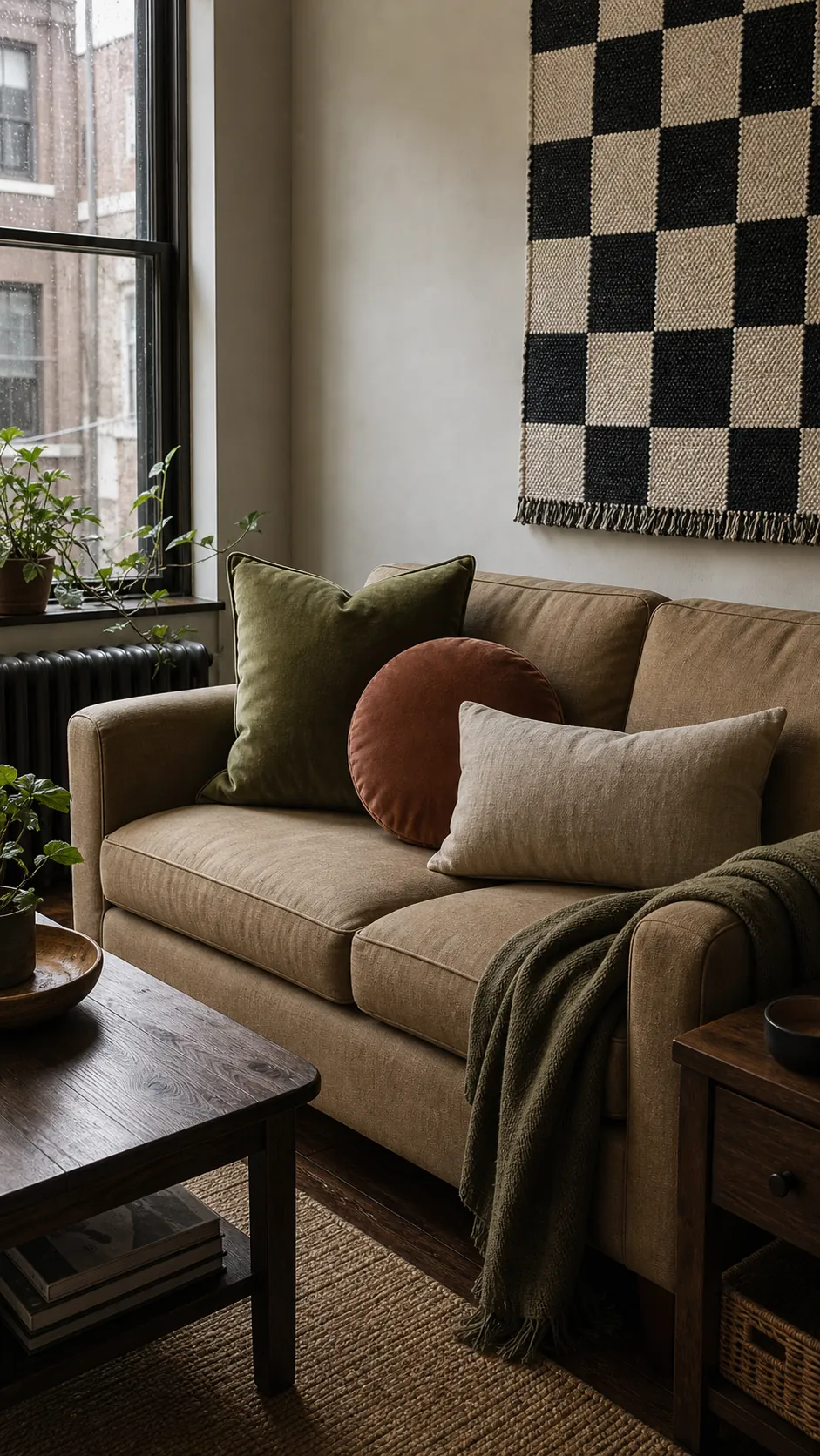 Mixed square round and lumbar pillows on a sofa