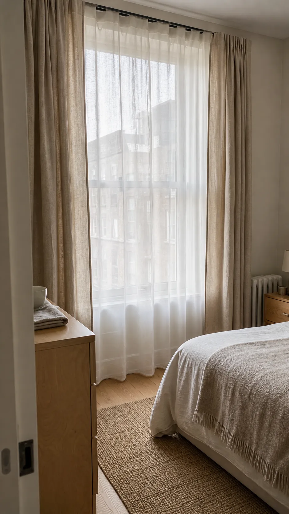 Sheer curtains softly filtering daylight in a finished room