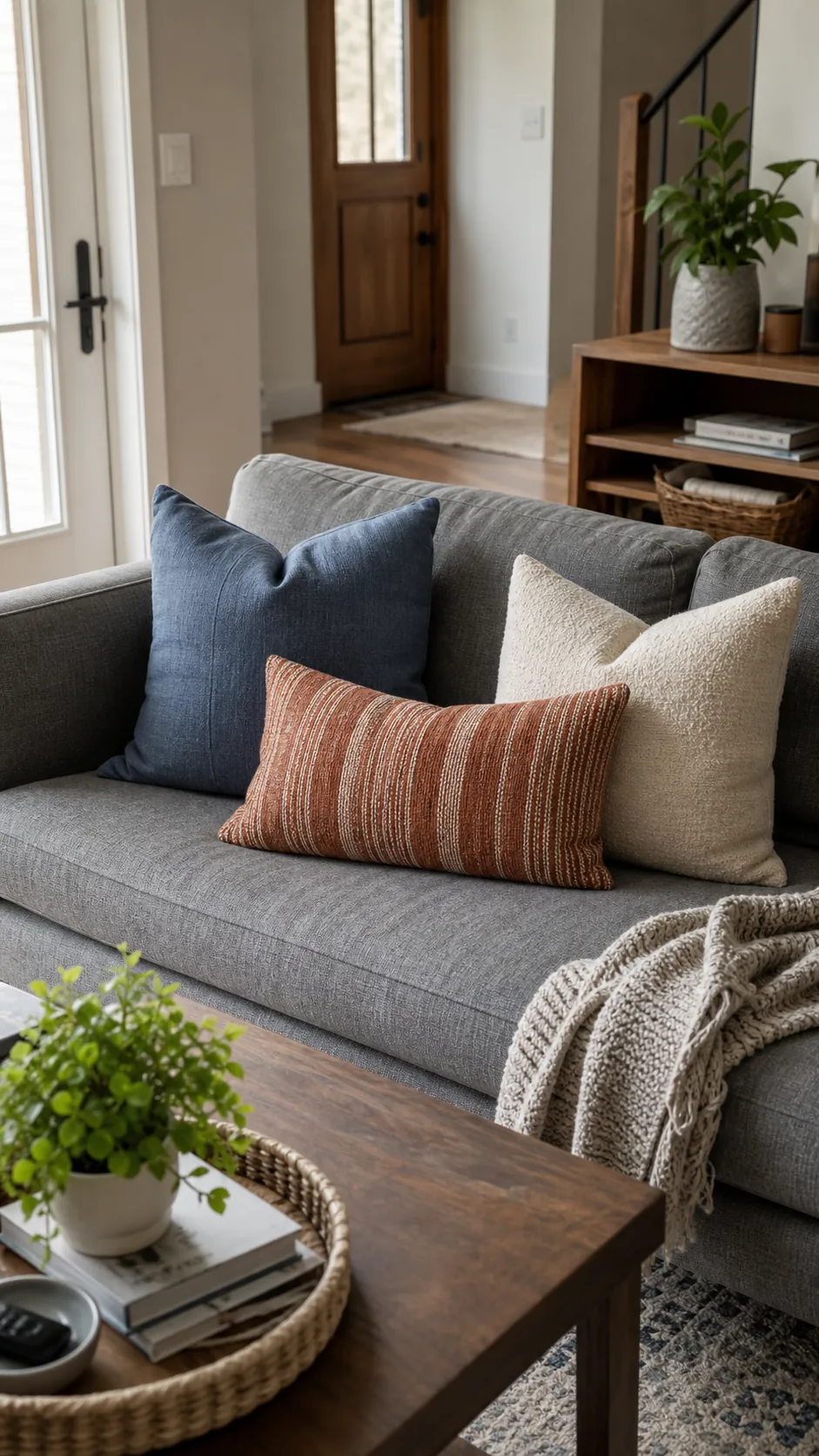 Three varied throw pillows creating a cohesive sofa arrangement