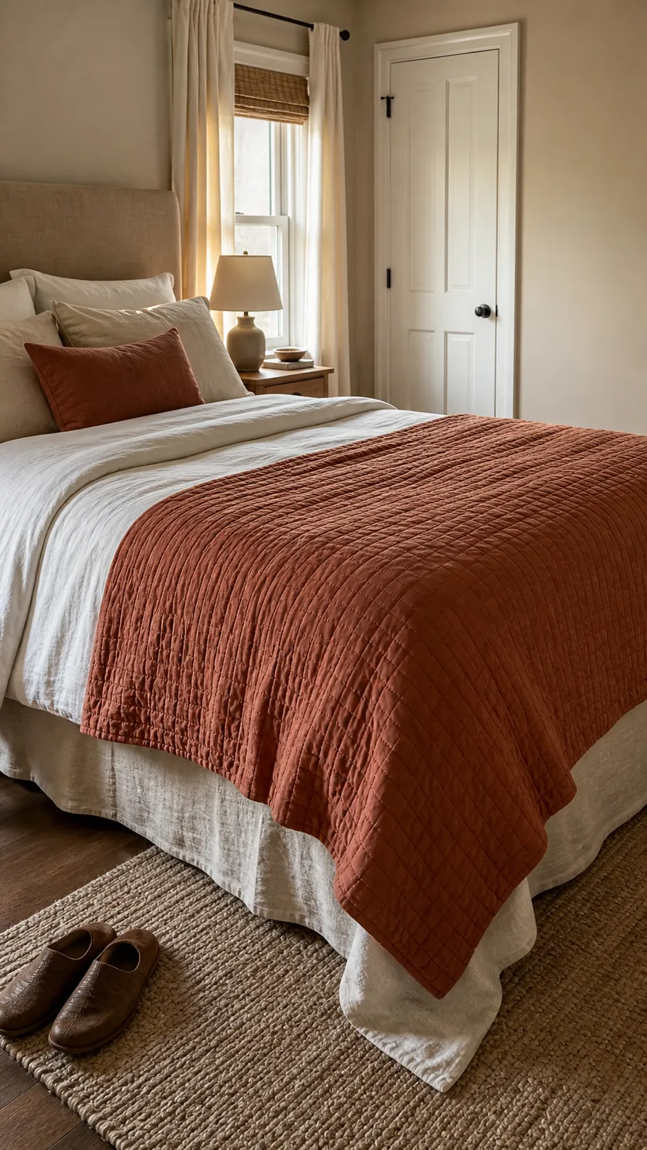 Textured quilt folded across the foot of a softly made bed