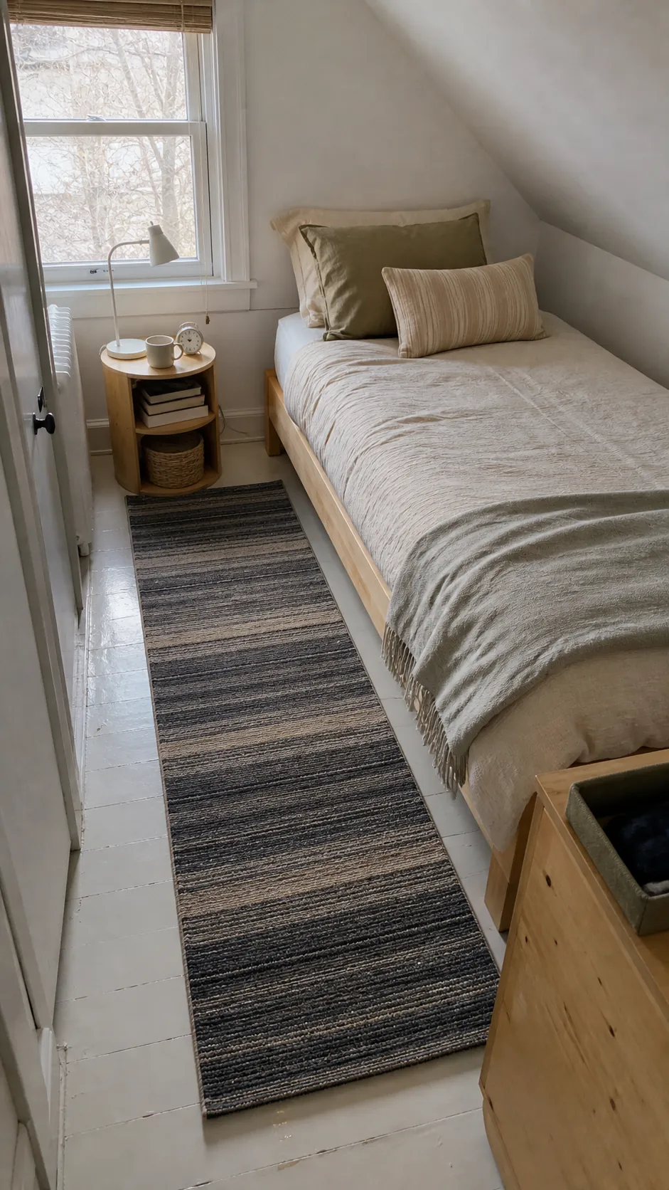 Washable runner adding softness beside a compact bed