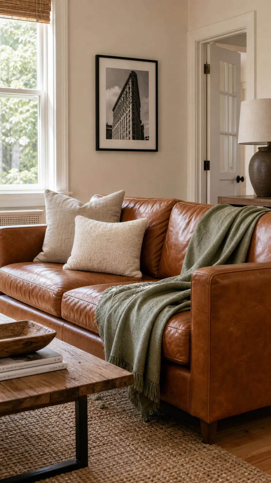 Woven pillows and throw warming a leather sofa